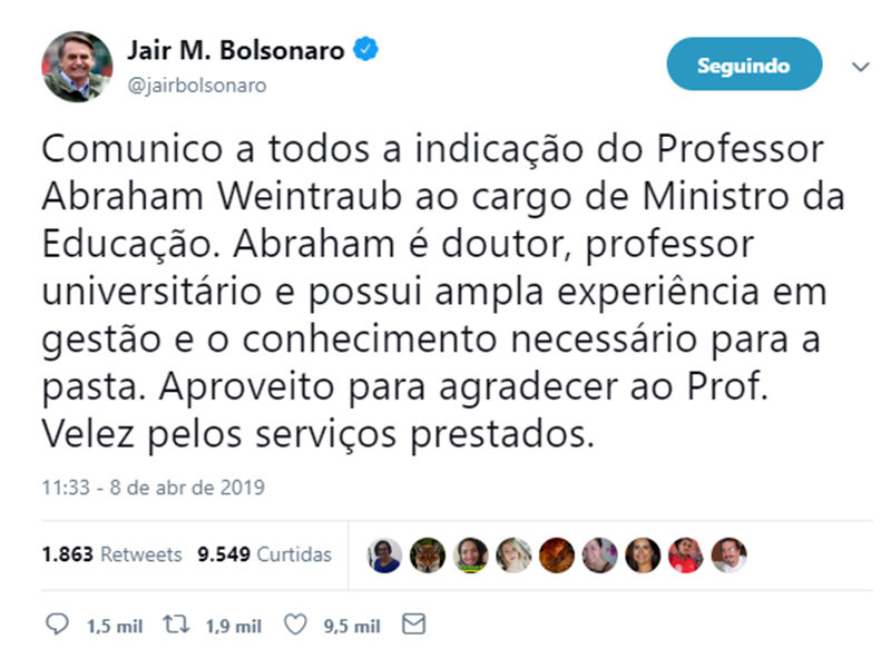 Bolsonaro anuncia substituição de Ricardo Vélez Rodríguez no Twitter 2 tw