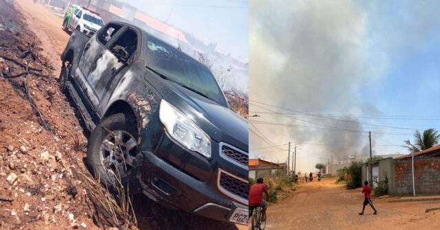 Veículo fica destruído ao ser atingido por incêndio em terreno na Bodelândia em Oeiras