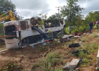 Ônibus com passageiros tomba na BR-135, no Sul do Piauí — Foto: Valdênio Gomes/Rádio Cerrado FM