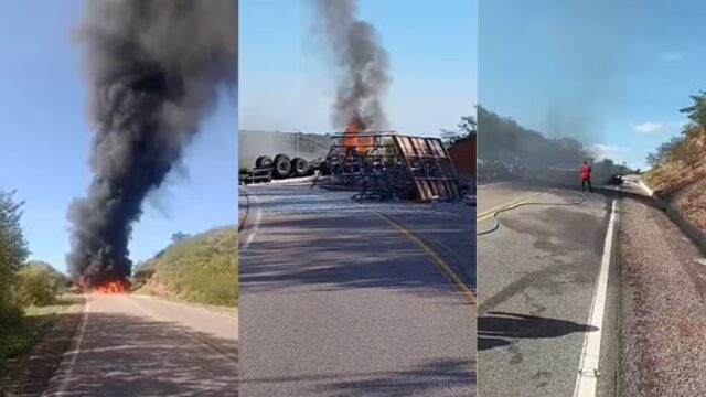 Caminhão carregado de vidro tomba, pega fogo e deixa uma pessoa morta na BR-020, no Piauí — Foto: Reprodução