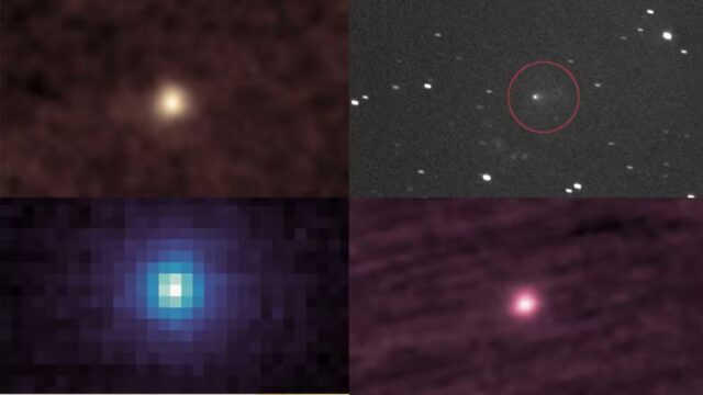 A partir do canto superior esquerdo: 3I/ATLAS observado pela missão SOHO da ESA/NASA em 15 e 16 de outubro; visto pela sonda Lucy em 16 de setembro; visto como uma combinação de imagens de 11 a 25 de setembro tiradas pela sonda STEREO-A; e observado pela sonda orbital de Marte MAVEN em 9 de outubro — Foto: Observatório Lowell/Qicheng Zhang; NASA/Goddard/SwRI/JHU-APL; NASA/Observatório Lowell/Qicheng Zhang; NASA/Goddard/LASP/CU Boulder