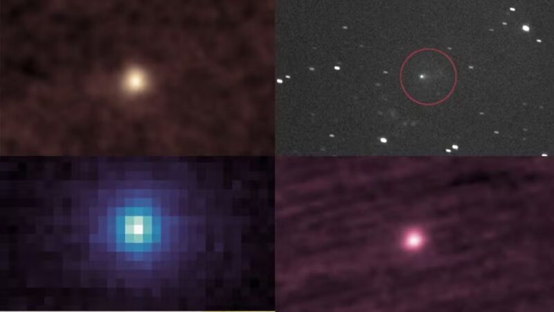 A partir do canto superior esquerdo: 3I/ATLAS observado pela missão SOHO da ESA/NASA em 15 e 16 de outubro; visto pela sonda Lucy em 16 de setembro; visto como uma combinação de imagens de 11 a 25 de setembro tiradas pela sonda STEREO-A; e observado pela sonda orbital de Marte MAVEN em 9 de outubro — Foto: Observatório Lowell/Qicheng Zhang; NASA/Goddard/SwRI/JHU-APL; NASA/Observatório Lowell/Qicheng Zhang; NASA/Goddard/LASP/CU Boulder